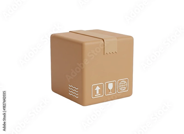Fototapeta Brown Cardboard Shipping Box with Fragile Symbols and Global Shipping Icon on Transparent Background 3D Render