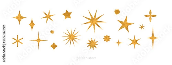 Fototapeta Set of golden stars and sparkles. Vector icon collection with gold foil texture for festive design, isolated on white background.