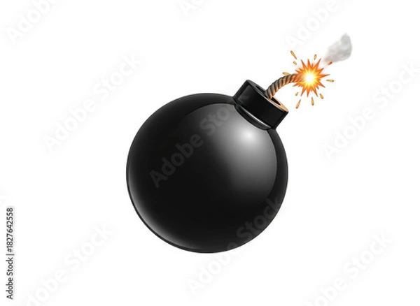 Fototapeta Classic Black Round Bomb with Burning Fuse and Sparks Isolated on Black Background Symbolizing Danger Explosive Threat or Warning