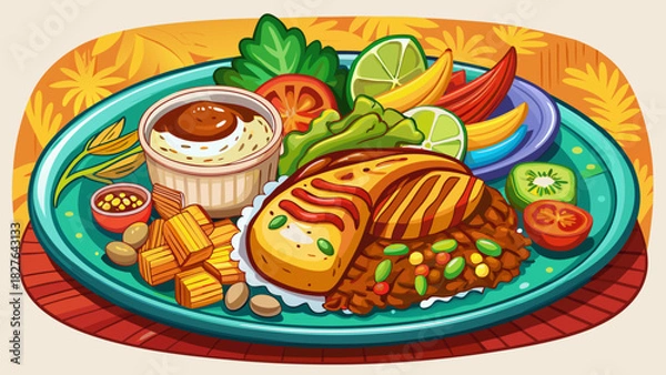 Obraz Very beautiful semi-realistic vector illustration of a Casado dish, featuring grilled chicken served with rice, beans, salad, fried plantains, and a colorful assortment of accompaniments, presented on