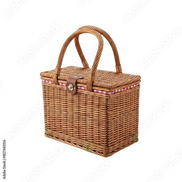 Fototapeta Classic Wicker Picnic Basket with Red Gingham Trim and Leather Accents Isolated on Black Background Outdoor Dining Accessory