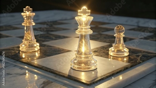 Obraz Three crystal chess pieces are illuminated on a marble chessboard surface