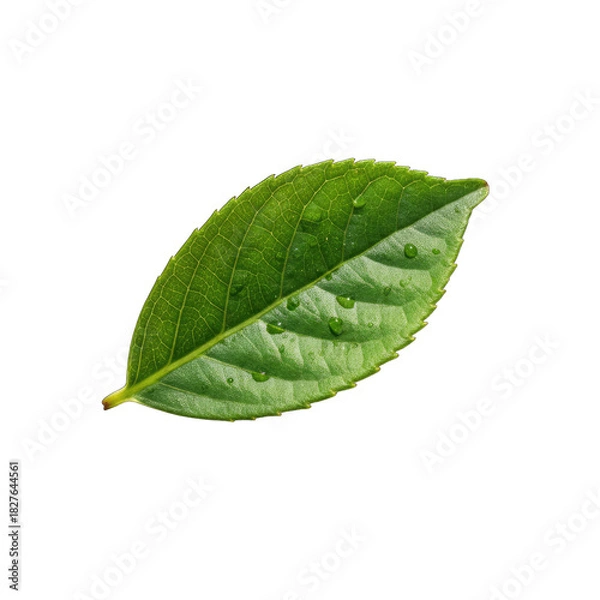 Obraz Close Up Macro Shot of a Single Green Leaf Covered in Water Droplets with Tiny Sparkles on its Surface Against a Black Background