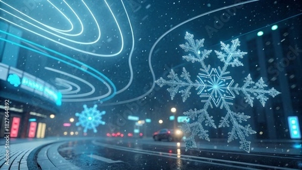 Obraz Snowflakes sparkle in a futuristic city during a winter snowstorm at night