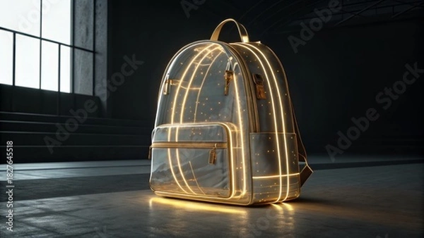 Obraz Futuristic backpack with golden accents standing in a dark room with window