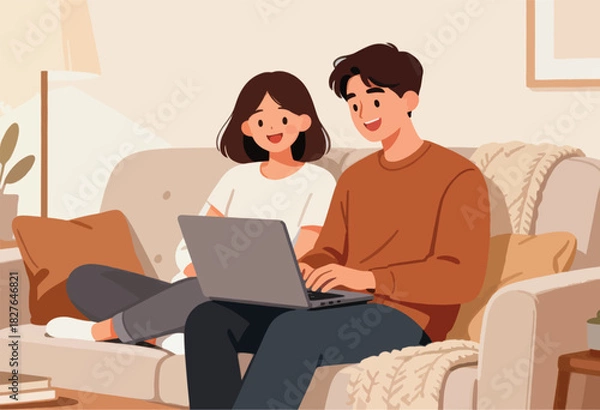 Fototapeta Illustration depicts a smiling couple on a couch, using a laptop in a cozy living room setting