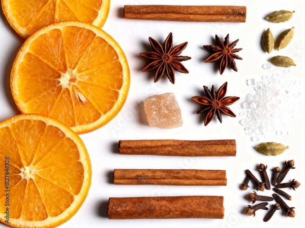 Fototapeta Creative Knolling Pattern of Mulled Wine Ingredients with Dried Orange and Spices