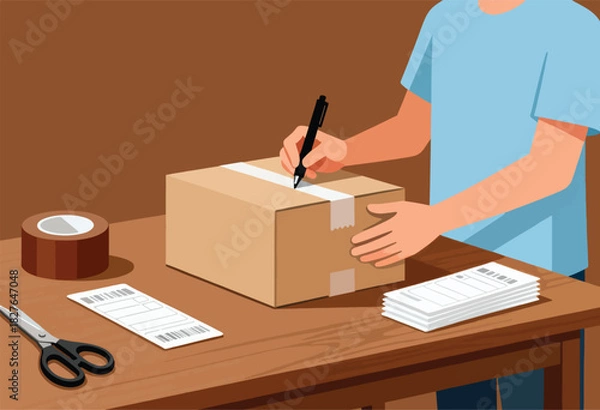 Fototapeta A person in a light blue shirt writes on a package. Scissors, tape, and labels are on the table