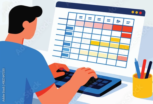 Fototapeta A person, viewed from behind, types on a laptop while viewing a schedule on its screen. Colored pencils are nearby