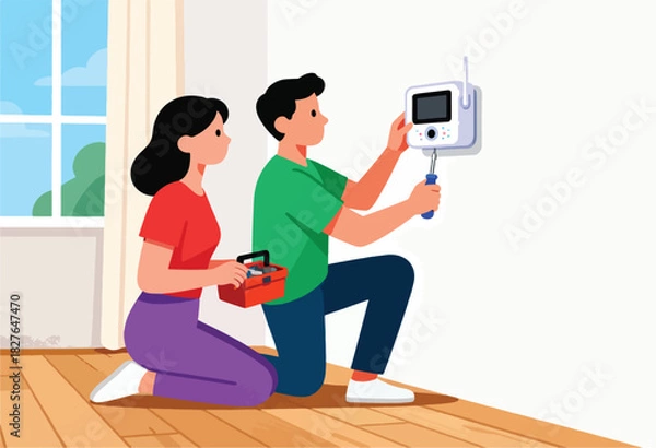 Fototapeta A couple, one with a screwdriver, installs a monitor on a wall, assisted by their companion