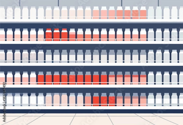 Fototapeta Illustration of a supermarket shelf, showcasing rows of beverages with varying red gradients. Perspective view, tiled floor