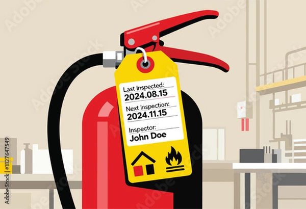 Obraz A red fire extinguisher with a yellow inspection tag, bearing inspection dates and the name "John Doe.