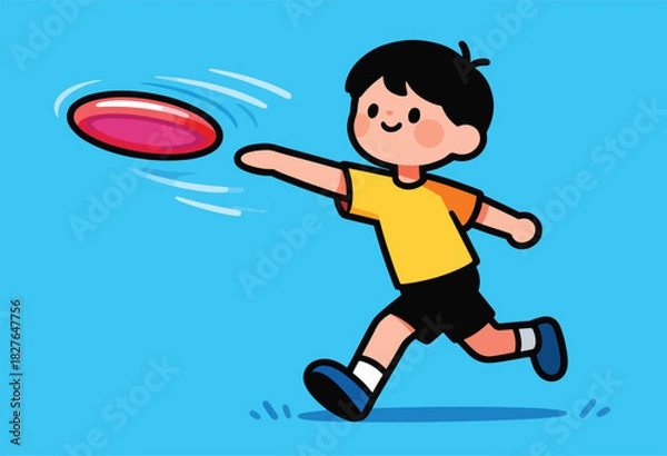Fototapeta A cartoon child is running and throwing a frisbee in the air. Bright blue background