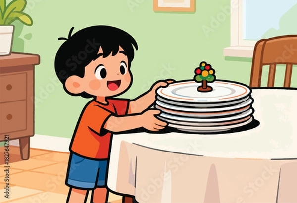 Obraz A cartoon child smiles, holding plates with a tree-like topper. A table, furniture, and window are in a room