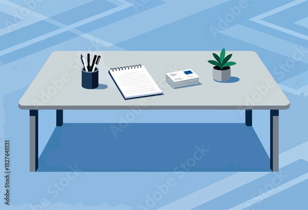 Fototapeta A flat illustration of a desk with stationery, notepad, plant, and papers. Abstract blue background