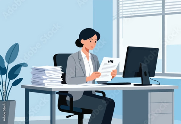Fototapeta A person in a grey suit reviews a document labeled "HR" at a desk in an office setting