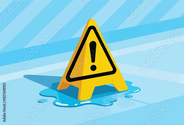 Fototapeta A yellow hazard sign with an exclamation mark stands in a puddle on a tile floor. Abstract blue background