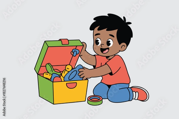 Fototapeta A cartoon child is opening a toy chest, excited. The chest is filled with colorful toys and placed on the floor
