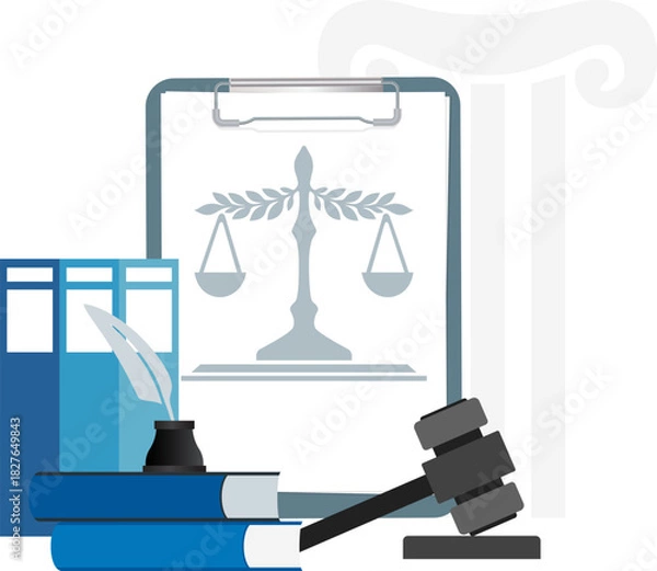 Obraz Law and justice concept. Gavel, judge books, pen, documents and scales.