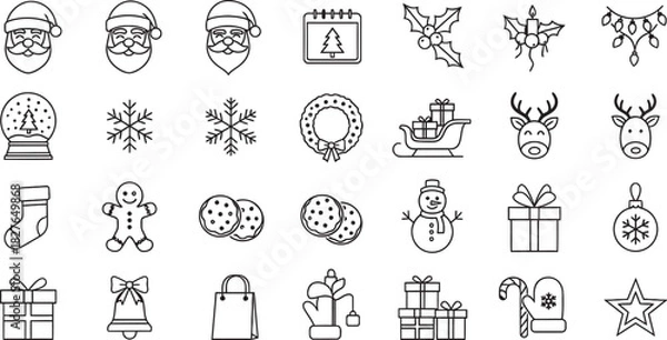 Obraz Christmas and winter line icon set vector outline design elements for holiday season isolated on white background