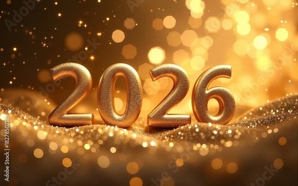 Fototapeta 2026 Merry Christmas and Happy New Year Abstract Shiny Gold Glitter Wave Background. Bokeh and Confetti Design Element for Banner, Poster, Website Congratulations. High quality