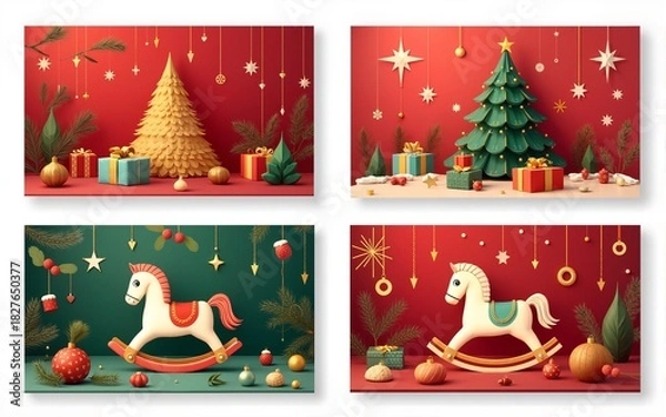 Fototapeta Set of holiday greeting card designs with red and gold Christmas design elements such as holly, Christmas tree balls, gift boxes, fir tree and rocking horse on abstract background, vector illustration