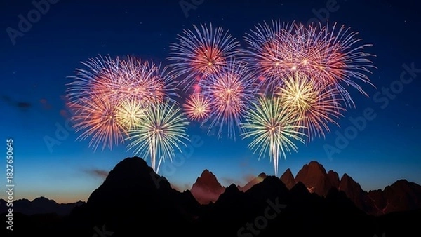 Obraz Spectacular Fireworks Display Over Mountain Range at Night.