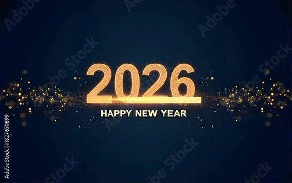 Fototapeta 2026 Happy New Year Background. Loading bar with flowing golden dots particles on dark blue background . Vector Illustration for New Year 2026greeting card, banner, poster, flyer festive design.