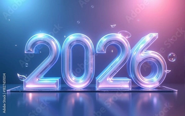 Fototapeta Modern and minimal New Year 2026 illustration featuring transparent glass effects. The design uses a clean gradient from blue to purple, with elegant typography and futuristic decorative elements.