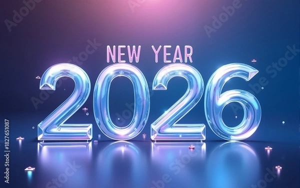 Fototapeta Modern and minimal New Year 2026 illustration featuring transparent glass effects. The design uses a clean gradient from blue to purple, with elegant typography and futuristic decorative elements.