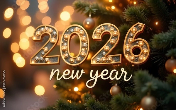 Fototapeta 2026 New Year festive banner. Handwritten holiday greetings Happy New Year. Christmas tree and gold ribbon. Bright blurred bokeh lights. Vector illustration. High quality