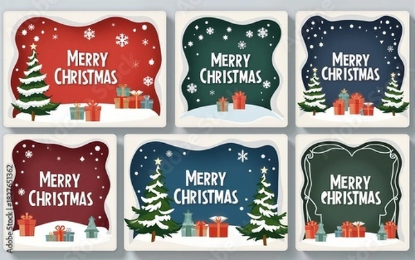 Fototapeta Merry Christmas and Happy New Year Set of backgrounds, greeting cards, posters, holiday covers. Xmas templates with typography and season wishes in modern geometric style for web, social media, print.