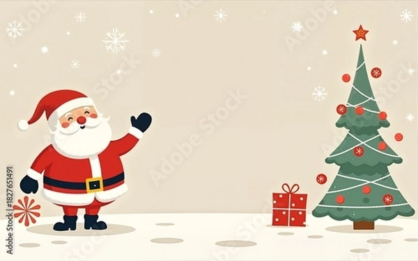 Fototapeta Minimal art deco with christmas tree, Santa claus,ho ho ho  outline.vector illustration for Christmas party invitation card, postcard, menu ,print, social media template. High quality