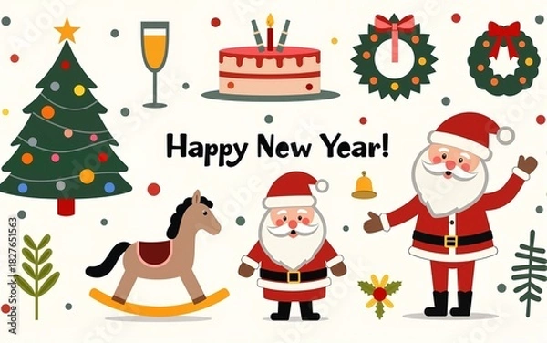 Fototapeta Merry Christmas and Happy New Year. Cute vector illustrations of Christmas tree decorations, cake, champagne glass, rocking horse, wreath, flower, bell and Santa Claus for greeting card and icons.