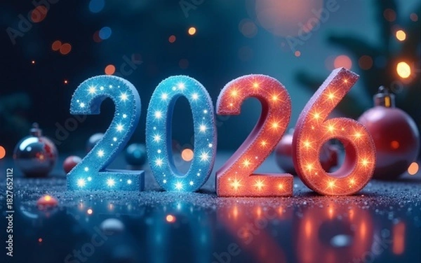 Fototapeta Happy new year 2026 futuristic digital background with snowflakes and christmas ornaments design. High quality