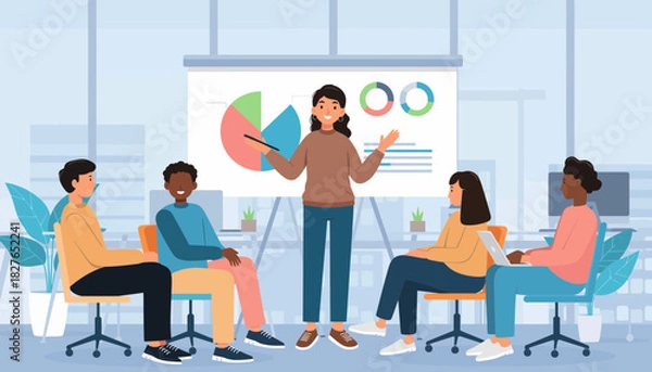 Fototapeta Business presentation in a modern office with diverse team collaborating effectively