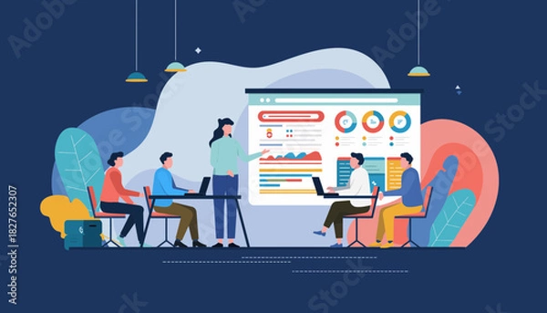 Fototapeta Business team analyzing data and statistics during a corporate strategy presentation