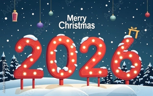 Fototapeta Creative New year and happy merry Christmas 2026 set of vertical cards, banner, poster, greeting, winter event, December holidays cover, modern vector illustration. High quality