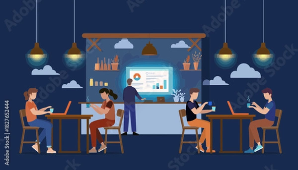 Fototapeta Informal business meeting with a digital presentation in a contemporary cafe environment at night