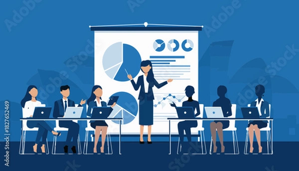 Fototapeta Dynamic business presentation with diverse team collaborating on financial data analysis and strategic planning