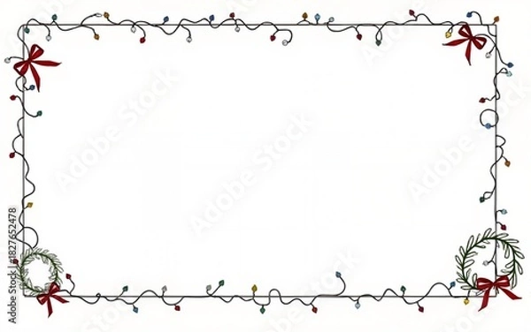 Fototapeta Hand drawn linear drawing Merry Christmas vintage frames set. Xmas borders with ribbons and bows, christmas wreath, Christmas lights garland. Minimalist design elements in coquette doodle style.