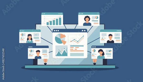 Fototapeta Dynamic Online Business Presentation Featuring Data Analytics and Collaborative Remote Work Across Distributed Teams