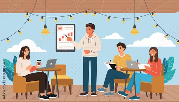 Fototapeta Dynamic business presentation on financial analysis and market trends, fostering collaborative learning and team strategy