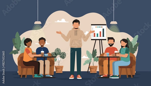 Fototapeta Diverse Group Engaging in a Dynamic Business Presentation and Discussion in a Cozy Cafe Setting