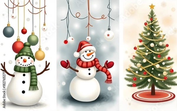 Fototapeta Watercolor Christmas posters featuring festive ornaments, cozy interiors, and a cheerful snowman for 2026. Ideal for winter cards, seasonal promotions, or home decor. High quality