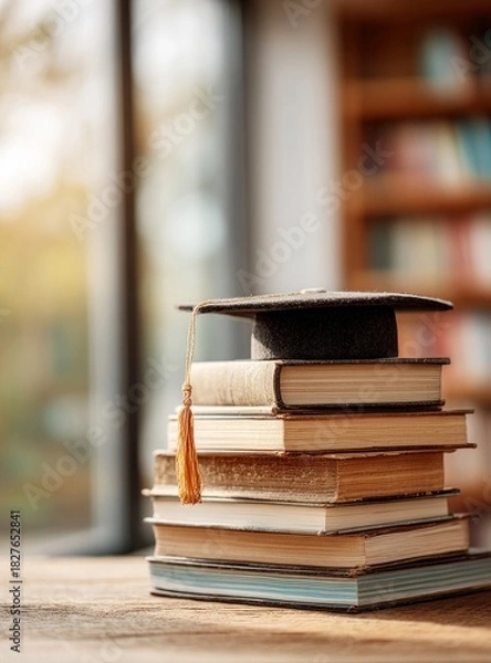 Obraz Graduation cap on stack of learning books