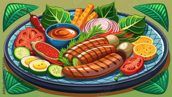 Fototapeta Very beautiful semi-realistic vector illustration of grilled sausages served on a rustic plate with Asian-inspired accompaniments, featuring vibrant vegetables, dipping sauces, and aromatic garnishes 