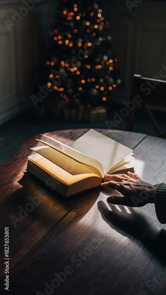 Fototapeta Open book on wooden table near Christmas tree