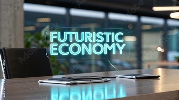 Obraz Futuristic economy hologram on a desk in a modern office environment