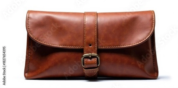 Fototapeta Rustic leather pouch, aged texture, isolated on white , material, handmade